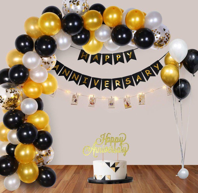 Party Propz Happy Anniversary Decoration Items with LED Photo Banner, Cake Topper, Balloons,, Glue Dot Set for 1st, 25th 5Th,Party Room Decoration Combo Set/Couple Wedding, marriage celebration  (Set of 64)