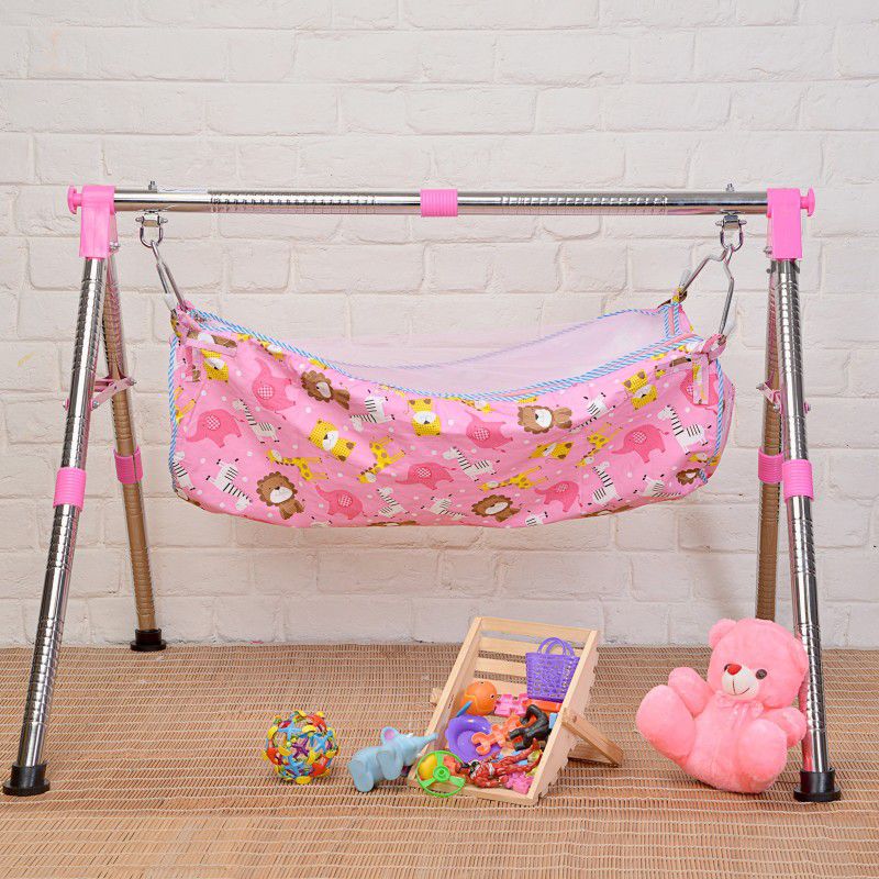 JIN Fully Foldable Cradle with Round Frame, Indian Style Ghodiyu (Pink)  (Pink)