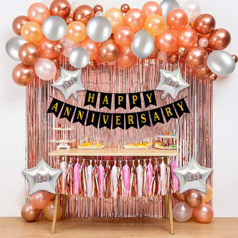 SOI Happy Anniversary Decoration Combo Set Rose Gold theme Curtains Star Balloons  (Set of 36)