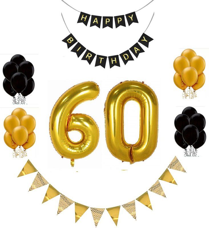 MoohH HBD Banner with 60 Number foil Balloon WIth Gold Flag and Gold Black Balloon  (Set of 33)