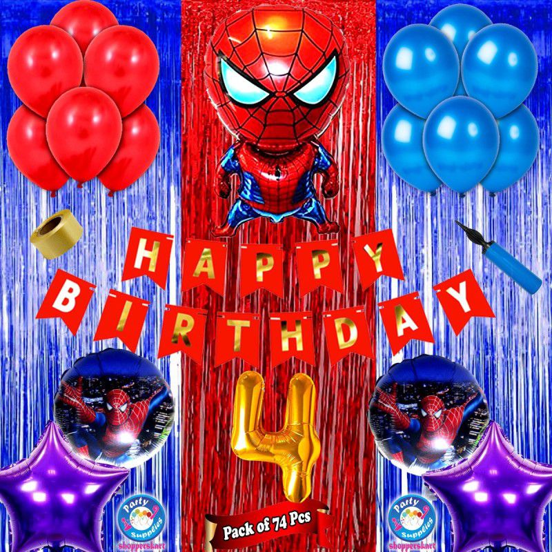 Shopperskart 4th Happy birthday Spiderman theme combo kit pack for party decorations  (Set of 74)