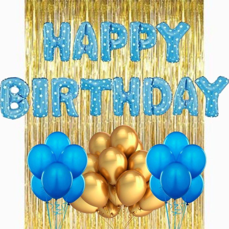 B4 Happy Birthday Decoration 45 Pc Combo, Foil Balloon, 1 Gold Curtain, 30 Blue Gold Balloons  (Set of 45)