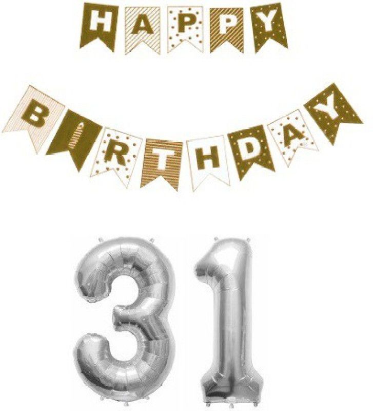 Uniqon Combo Of Silver Color Printed Happy B.Day Banner With Silver'31' Digit Balloon  (Set of 2)