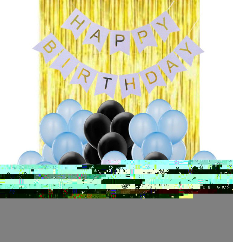 B4 Birthday Combo DIY Decoration Blue Happy Birthday Banner, 30 Light Blue, Black Decoration Balloons 1 Gold Shiny Curtain  (Set of 32)