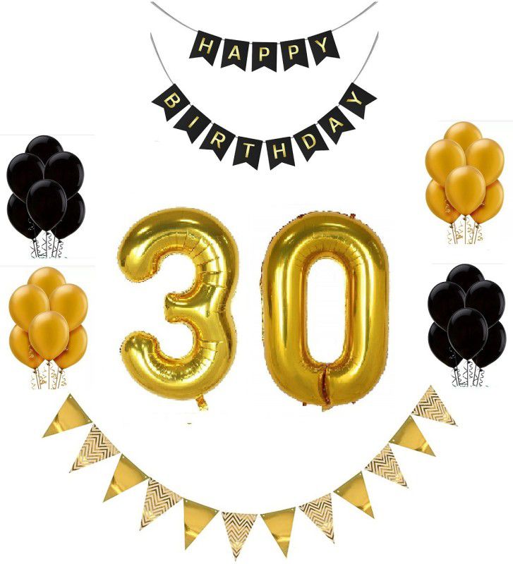 MoohH HBD Banner with 30 Number foil Balloon WIth Gold Flag and Gold Black Balloon  (Set of 33)