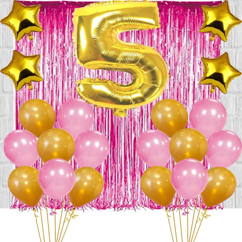 FANEX 5TH Birthday Baby Girl/Boy Decoration Combo. Foil curtain Pink (2pc) Number Foil Balloon(1pc) and Gold & Pink Metallic Balloons (100pc) Gold Star(4pc) Set of 107Pcs  (Set of 107)