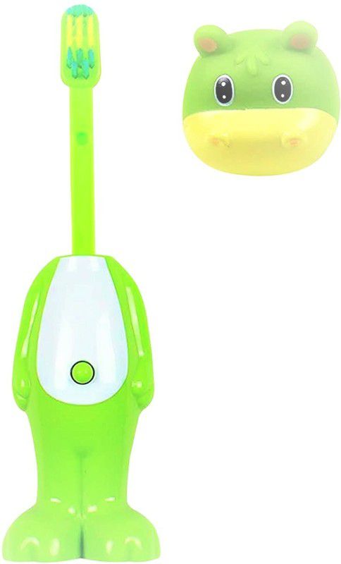 little monkeys ToothBrush Toy Head Push Button & Gentle on Gums for kids - green Soft Toothbrush