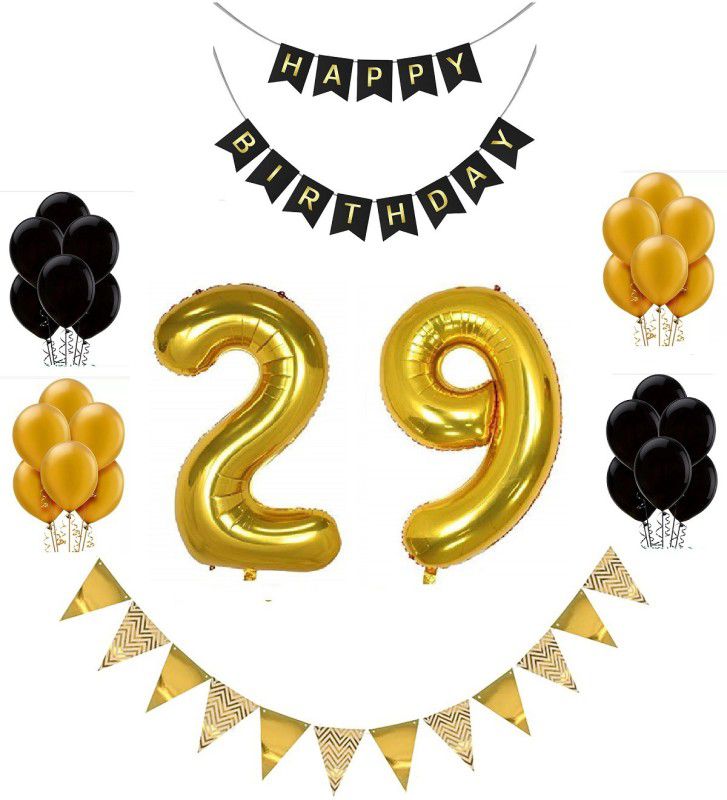MoohH HBD Banner with 29 Number foil Balloon WIth Gold Flag and Gold Black Balloon  (Set of 33)