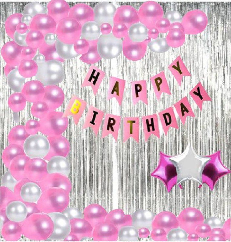 PAHUJA Solid Happy Birthday Pink Banner Balloons & Curtain Foil Star With 30 metallic balloons Decoration kit for Girls / Boys Kids Balloon (Pink, Silver, Pack of 36)  (Set of 36)