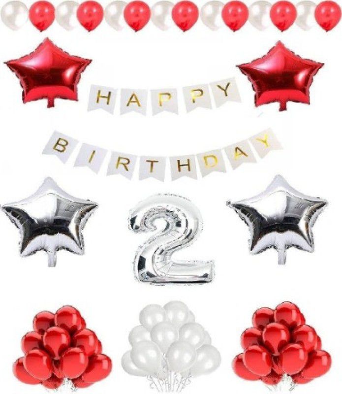 Jolly Party Premium Quality Happy Birthday Set for 2nd Birthday (Red & Silver)  (Set of 56)