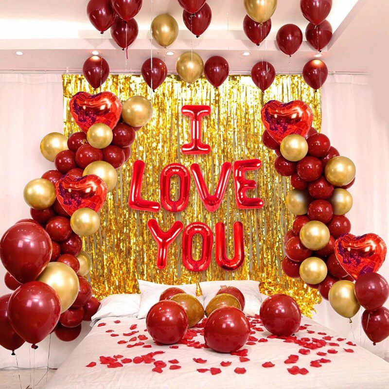 Party Propz I Love You Decoration Kit / Red I Love You Decoration Combo Kit 47Pcs Heart Foil Balloon Red -Gold Metallic Balloon, Golden Foil Curtain For Anniveraary; Bride To Be; Birthday; Bachelorrete; Husband; Wife;Girl Friend  (Set of 47)