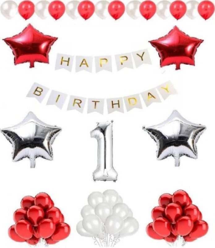 Jolly Party Premium Quality Happy Birthday Set for 1st Birthday (Red & Silver)  (Set of 56)