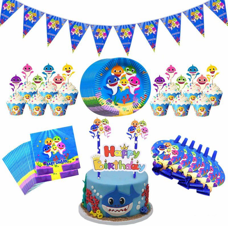 Party Propz Baby Shark Birthday Decoration / Baby Shark Birthday Theme Decoration Combo - Baby Shark Theme Kids Birthday Decoration 73Pcs For Boys Girls Party Decoration Supplies/Shark Bday Tableware Sets  (Set of 73)