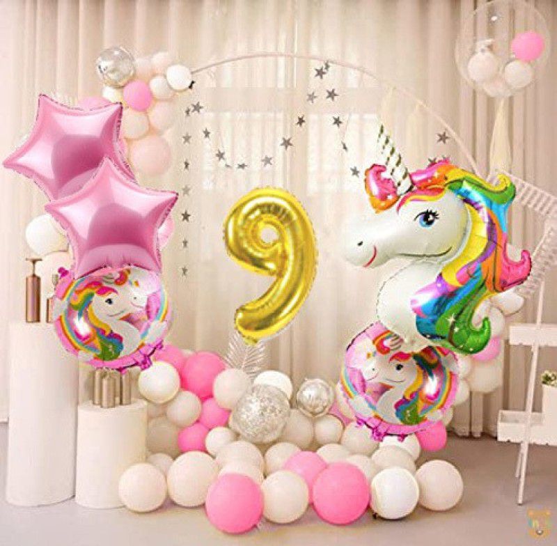 Aoes Unicorn Theme Foil Balloon Combo For Ninth Birthday Decoration For Girl  (Set of 36)