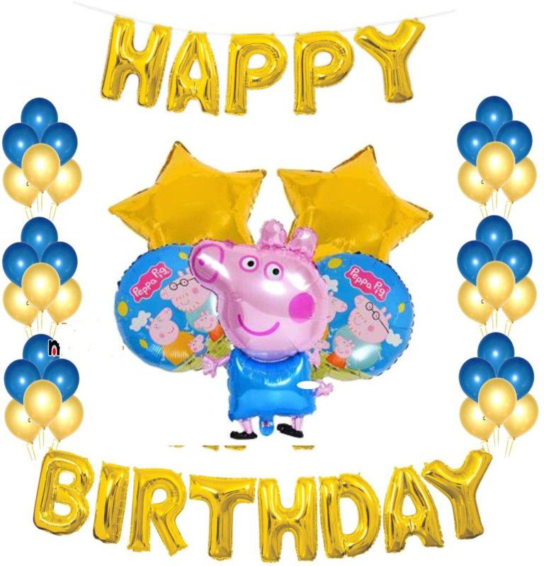 Anayatech golden peppa pig birthday combo-1 happy birthday foil balloon,1 peppa pig foil,2 printed foil balloon,2 star,16 blue balloon,16 golden balloon(pack of 50)  (Set of 33)