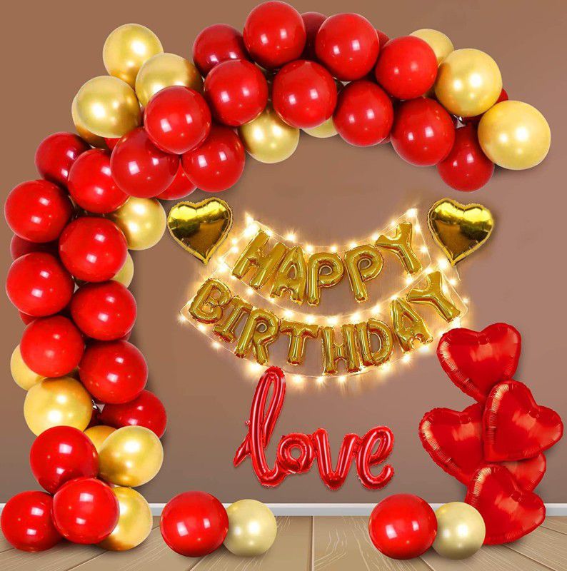Bubble Trouble Birthday Decoration Items Kit For Husband, Wife - 64Pcs Set Golden And Red With Foil,Love, Heart Balloon, Metallic,Led Fairy Light, Heart,Glue Dot and Arch Strip Roll/Ballon Garland  (Set of 62)
