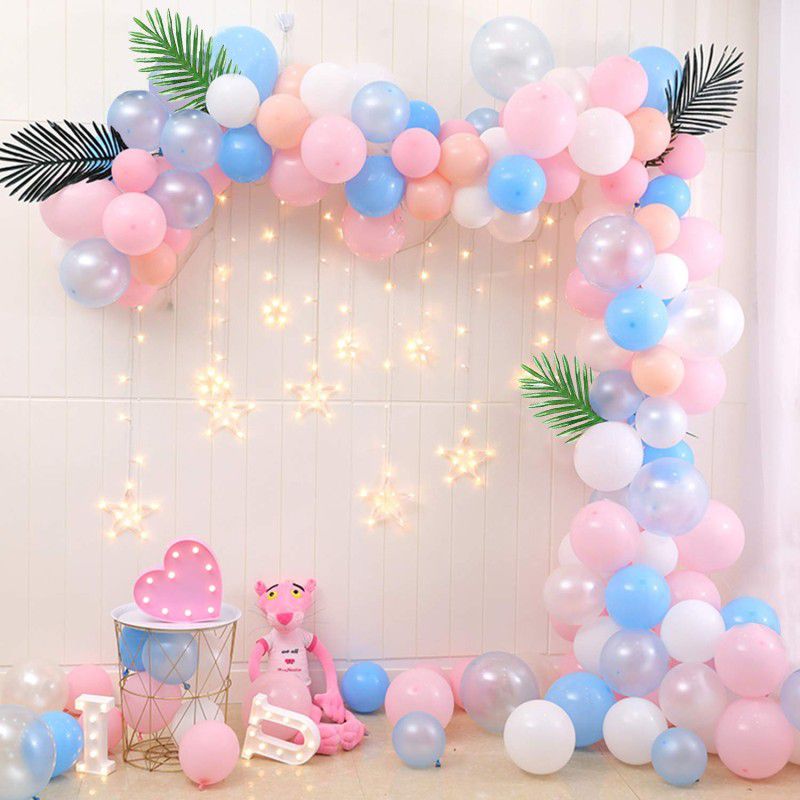 Party Propz Pink Blue Latex Pastel metallic Balloons Combo With Leaf And Star Led Hanging Light 117Pcs For Baby Shower, 1St Birthday, Kids Birthday, Wedding Anniversary Bridal Shower Party Decoration.  (Set of 117)