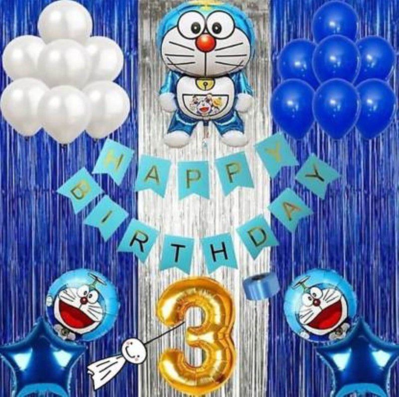 KR baby boy & kids 3rd Happy Birthday Decoration Doraemon pack of 41  (Set of 41)