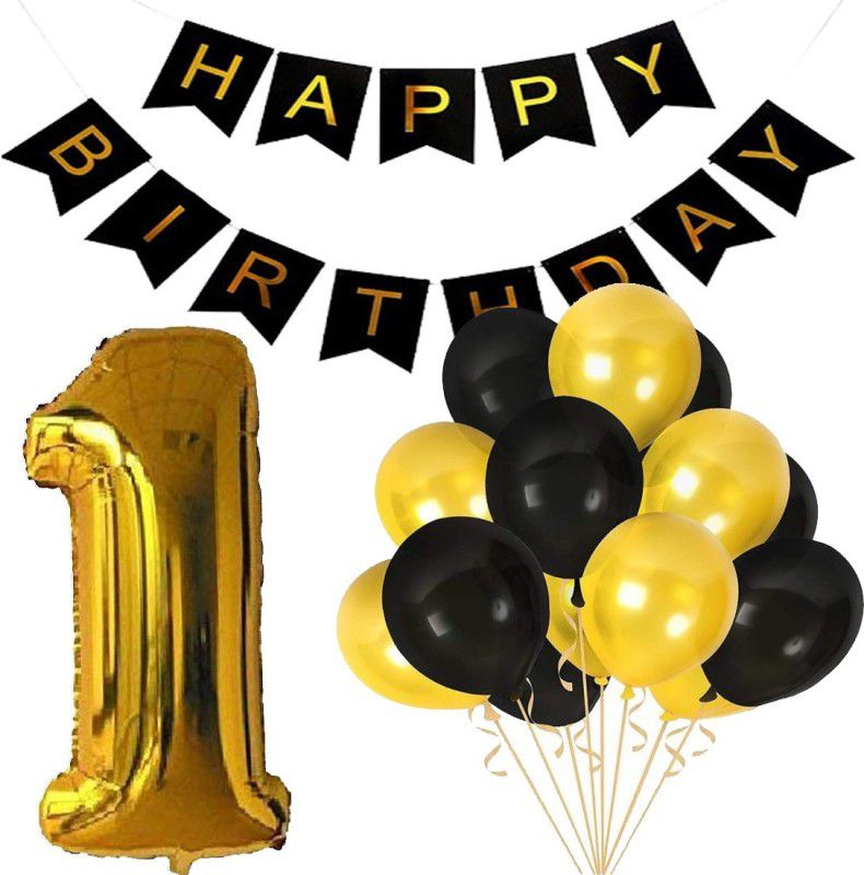FANEX Baby Birthday Decorations – Birthday Decorations Black and Gold Party Supplies – Happy Birthday Banner(1), Number Foil(1), Metallic Balloons(100) – Set of 102  (Set of 102)