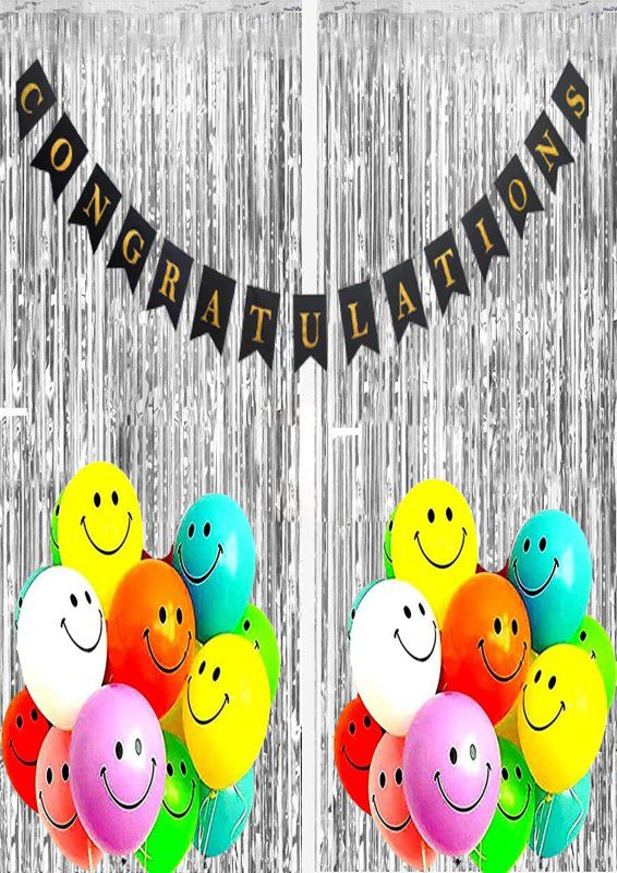 Super Easy Multicolour Smiley Face Emoji Balloon and Congratulation Banner With Silver Foil Curtain for Wedding Engagement Room Decor Birthday Party and Festival Decoration  (Set of 33)