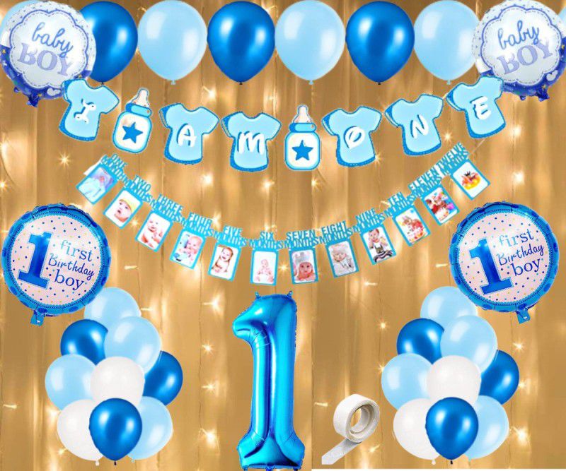 FLICK IN First Birthday Decoration Items for Boys I Am One Banner for Boys Led Light Set  (Set of 39)