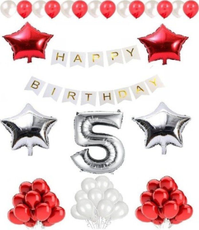 Jolly Party Premium Quality Happy Birthday Set for 5th Birthday (Red & Silver)  (Set of 56)