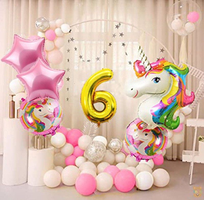Aoes Unicorn Theme Foil Balloon Combo For Sixth Birthday Decoration For Girl  (Set of 36)