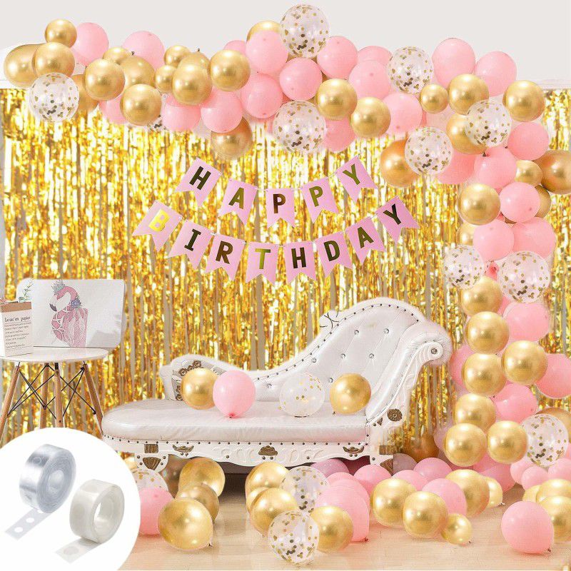 party assets Girls Happy Birthday Rubber Balloons Banner Curtains Decorations Kit  (Set of 93)