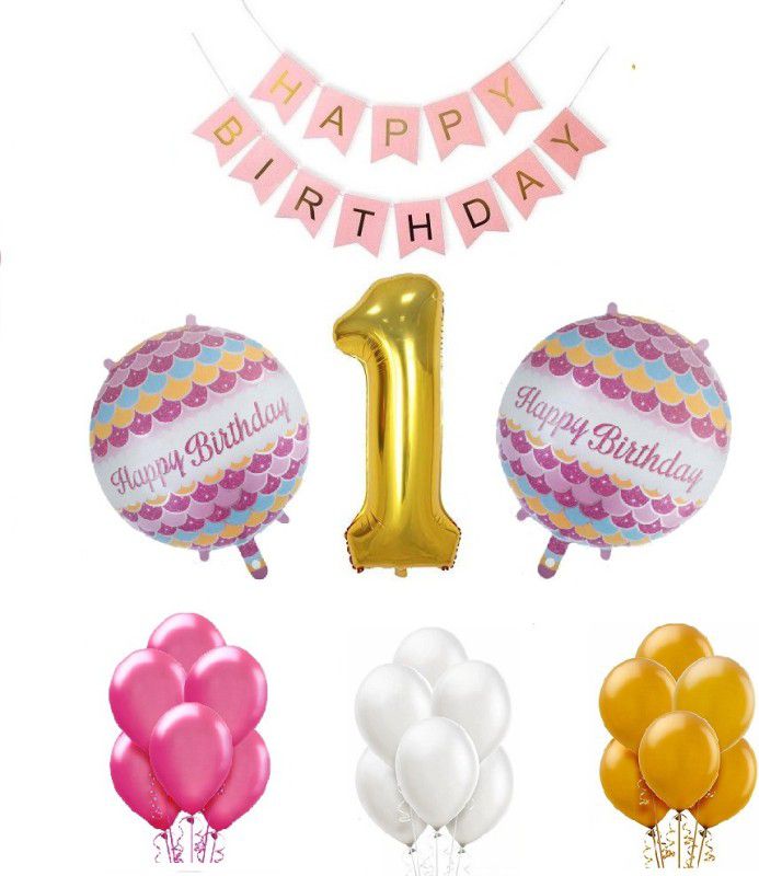 Tiank Innovation Combo for Birthday Party Decoration (Pink Happy Birthday Bunting Banner + 1 Number Gold Foil Balloon + 2 Round Foil Balloon + 50 Pcs Gold , Pink & White Metallic Balloon) (1 Number Combo)  (Set of 54)