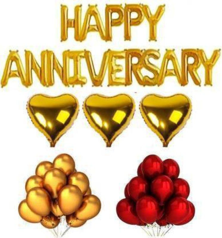 FLIPZONE Solid Happy Anniversary Letter Toy Foil Balloon Set(Happy anniversary Foil toy balloons(set of 16) with 3 Heart Foil Star balloons Plus 30 Metallic balloons)  (Set of 49)
