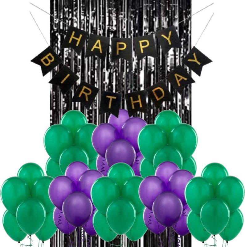 B4 Birthday Party Decoration Kit Black Happy Birthday Banner, 30 Green, Purple Decoration Balloons 1 Black Shining Fringe Curtain  (Set of 32)