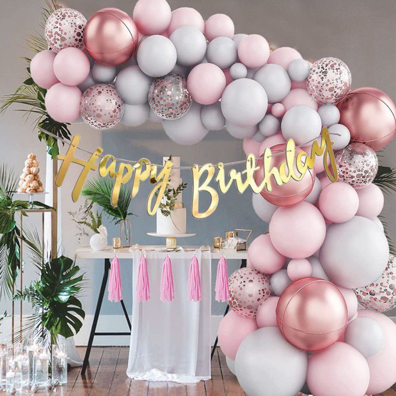 R G ACCESORIES Pink Grey Balloons, Cursive Happy Birthday Decoration Kit With Arch Pack Of 50  (Set of 50)