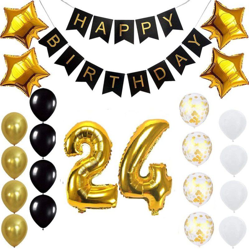 PopTheParty Gold 24th Birthday Decoration Kit With Banner ,Star Latex and confetti Balloon  (Set of 23)