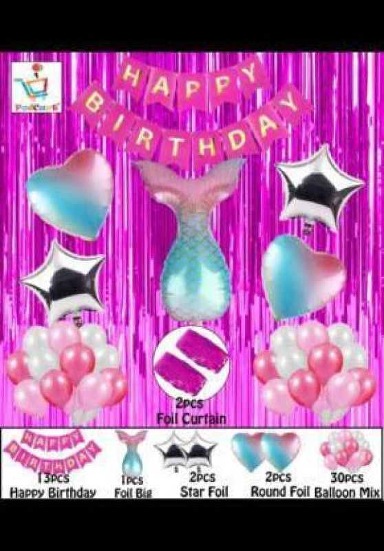 Yash Enterprises Happy Birthday Banner 2 Foil 1 Foil Mermaid 2 Silver Stars Balloons 50 pcs  (Set of 50)