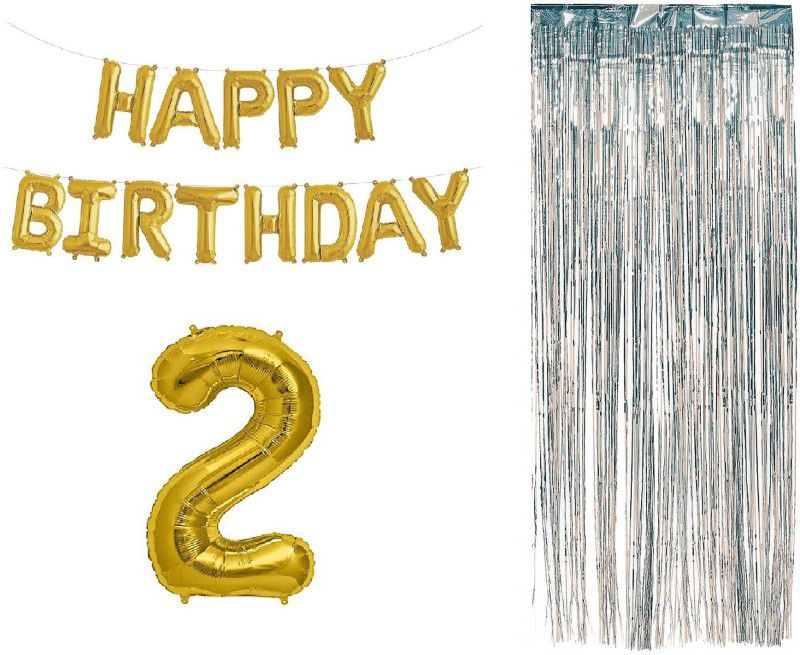 MOREL Combo of Happy Birthday Foil Baloon , Silver Plastic Curtain and Two (2) Numeric for Toddler Child Second 2nd Birthday  (Set of 3)