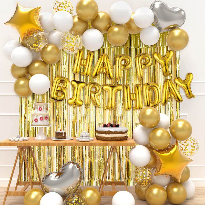 1iAM Birthday decoration combo with Golden-White metallic, foil and confetti balloons  (Set of 37)