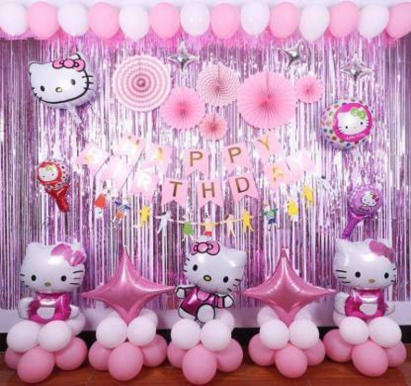 PAHUJA Solid kitty Birthday Set 40 of Balloons 1 Happy Birthday Pink Paper Banner 3 Hello Kitty Foil Balloon 2 Pink2 silver Star Foil Balloon 10" 2 Pink Foil Curtain 30 Pink White Metallic Balloon (Set of 40)  (Set of 40)