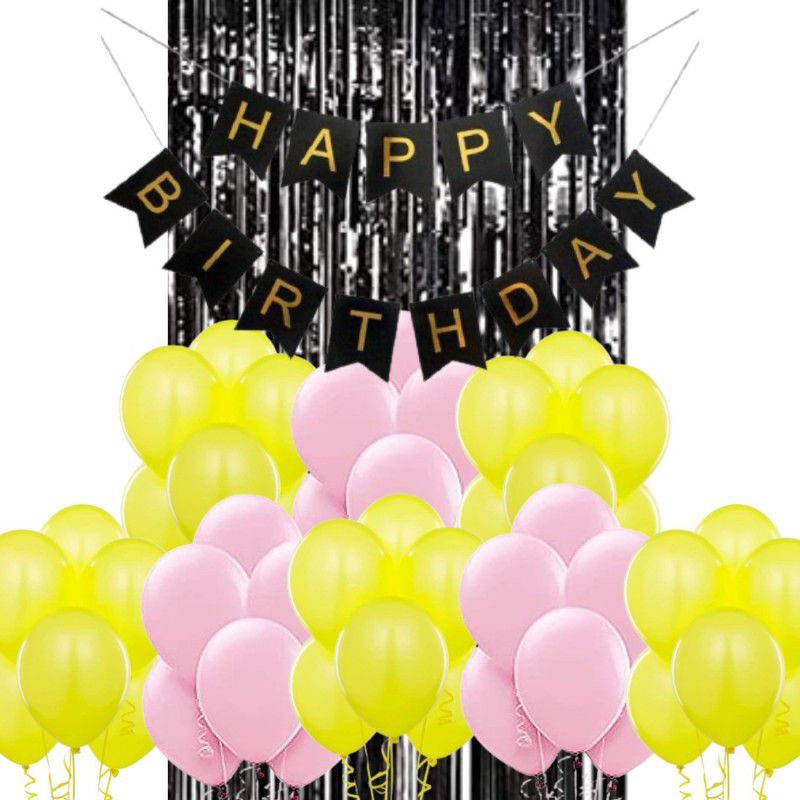 B4 Birthday Party Decoration Kit Black Happy Birthday Banner, 30 Yellow, Baby Pink Decoration Balloons 1 Black Shining Fringe Curtain  (Set of 32)