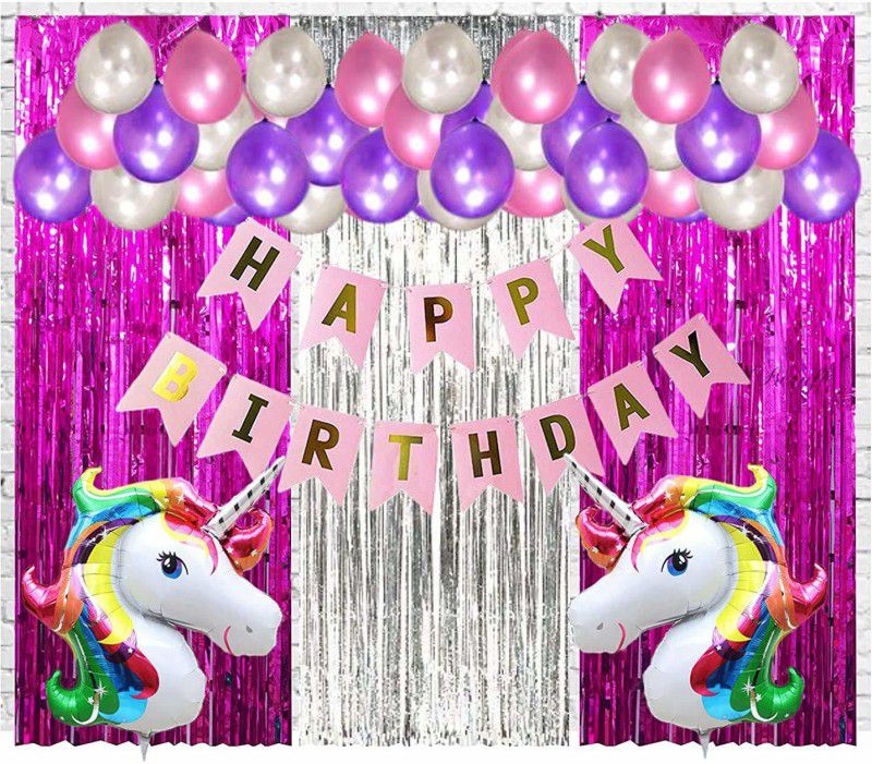 SV Traders Unicorn Theme Birthday Decoration Combo-Pink Happy Birthday Bunting Banner(13) +Foil Curtain Pink(2)+Silver(1)+Jumbo Unicorn(2)+Balloons Metallic Pink(10)+Purple(10)+Silver(13)-Total-51  (Set of 1)