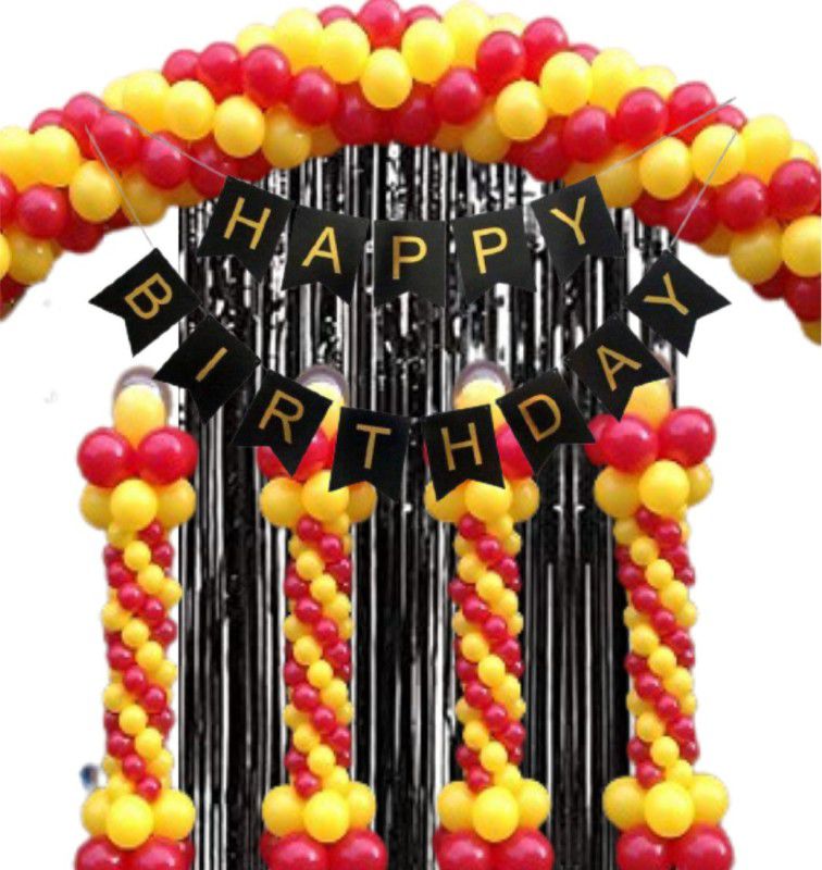 B4 Birthday Party Decoration Kit Black Happy Birthday Banner, 30 Yellow, Red Decoration Balloons 1 Black Shining Fringe Curtain  (Set of 32)