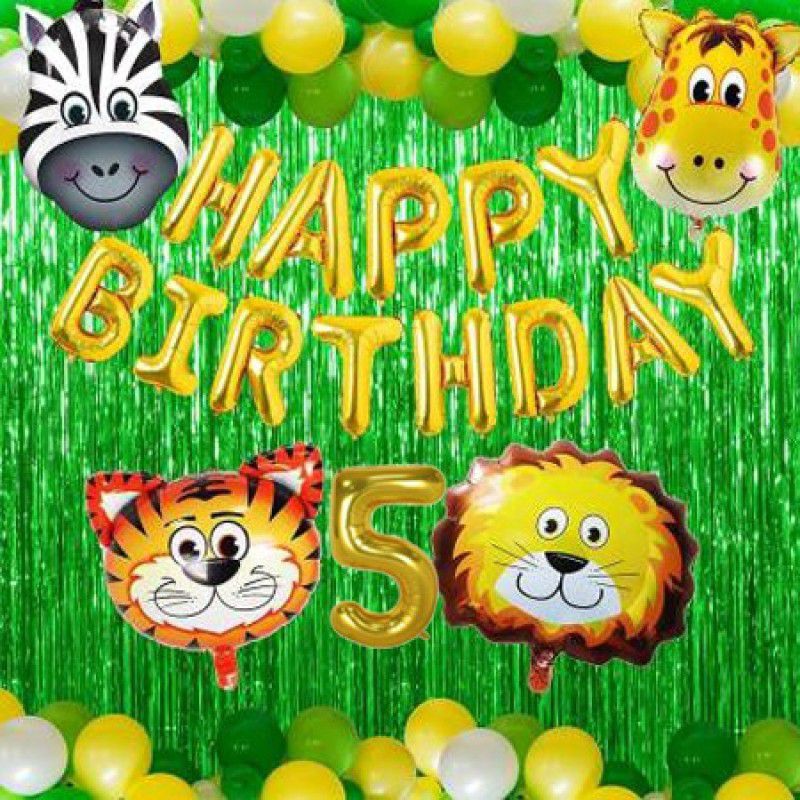 PartyJewels Jungle Forest Theme Happy Birthday Decoration Kit For Fifth Birthday  (Set of 70)