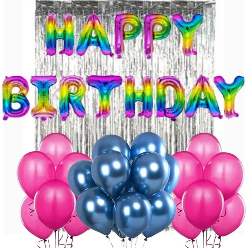 B4 Happy Birthday Gradient Foil Balloons, Silver Foil Curtain, Metallic Pink, Metallic Blue Balloons Combo Kit 35 Pc  (Set of 35)