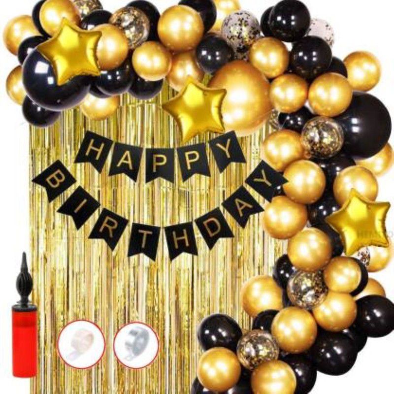 KR 6TH Happy Birthday Decoration Kit Combo 62Pcs for Black and Golden HBD Letter Star Foil Balloons with balloon hand pump for Kids boy Girl Theme Décor/Happy Birthday Decoration Items Set (Set of 62)  (Set of 61)