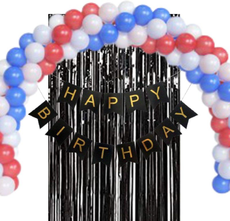 B4 Birthday Party Decoration Kit Black Happy Birthday Banner, 30 Light Blue, White, Red beautiful arch Balloons 1 Black Shining Fringe Curtain  (Set of 32)