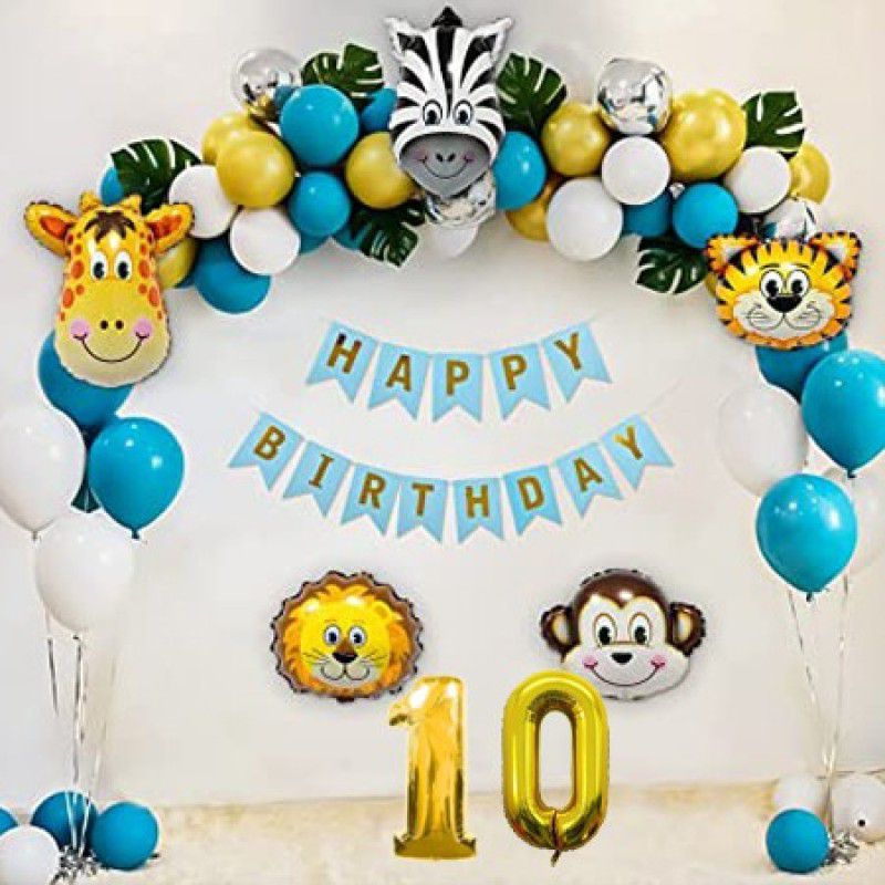 PartyJewels Blue Gold jungle theme birthday decorations kit For Tenth Birthday  (Set of 56)