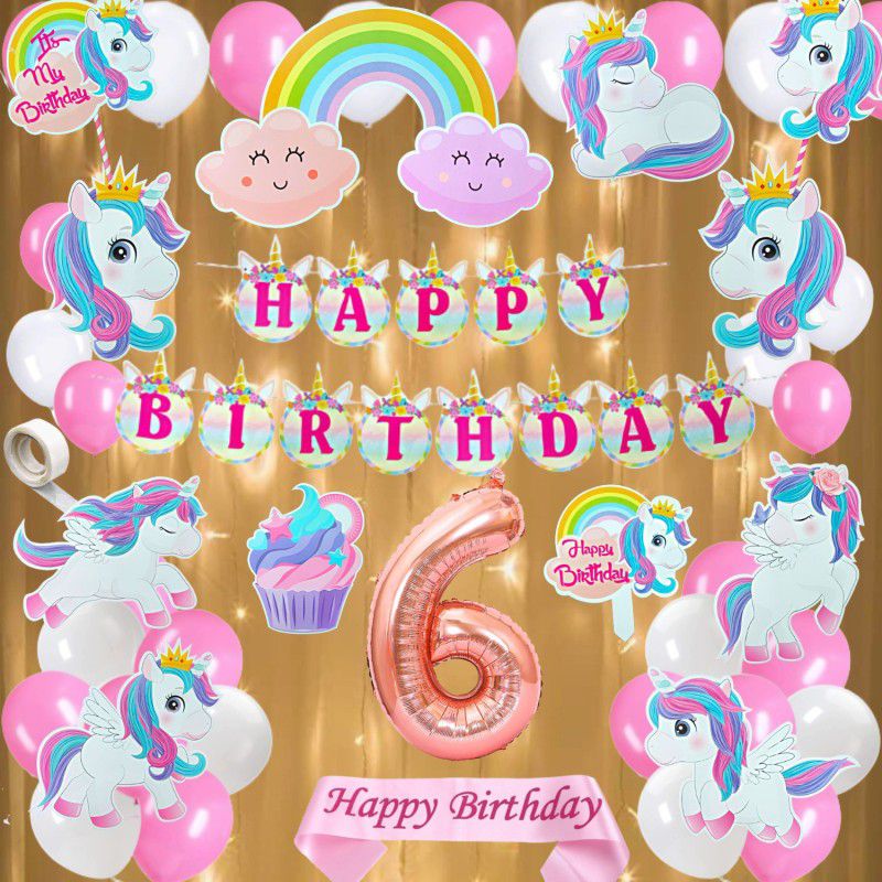 FLICK IN 6th Birthday Unicorn Theme Decoration Set Props Birthday Pink Sash Led Light Kit  (Set of 50)