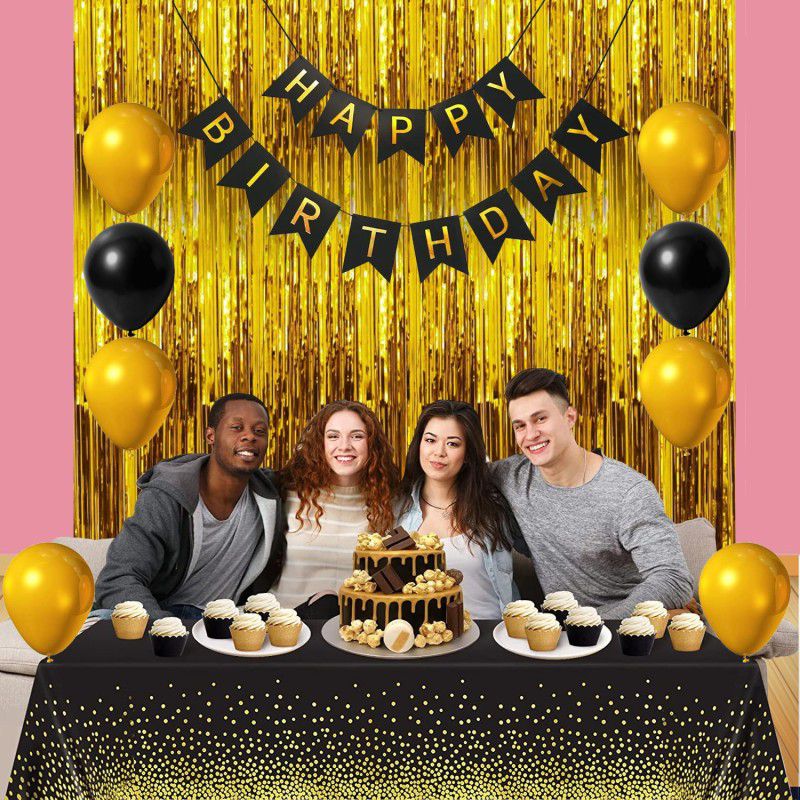 Funky Deal Happy Birthday Golden and Black Theme Decoration Combo  (Set of 32)