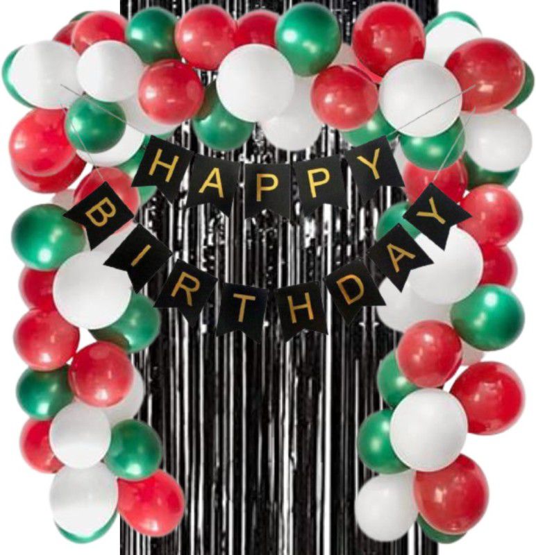 B4 Birthday Party Decoration Kit Black Happy Birthday Banner, 30 Red, White, Green beautiful arch Balloons 1 Black Shining Fringe Curtain  (Set of 32)