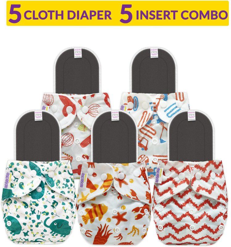 PSOUL Washable Reusable Print Baby Cloth Diaper With Insert Cotton Pad Set Of 5