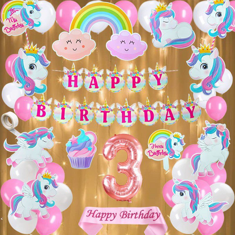 FLICK IN 3rd Birthday Unicorn Theme Decoration Set Props Birthday Pink Sash Led Light Kit  (Set of 50)
